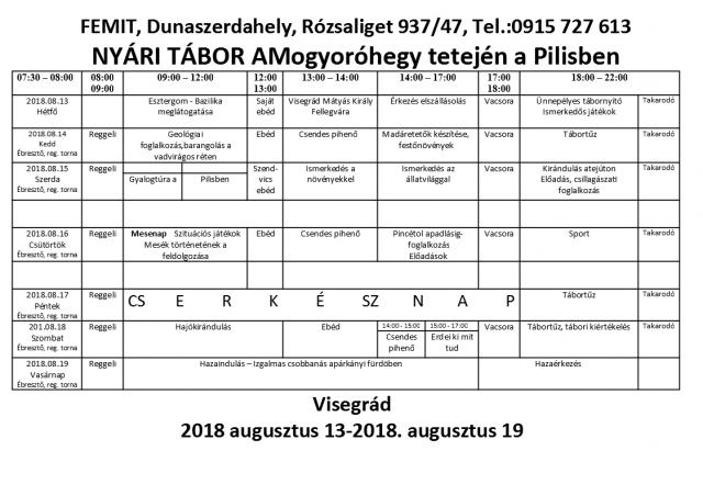 Nyári tábor programja 2018